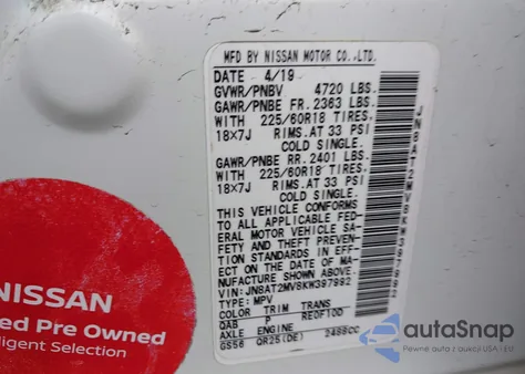 2019 Nissan Rogue Sv z USA, uszkodzony, nr VIN JN8AT2MV8KW397992